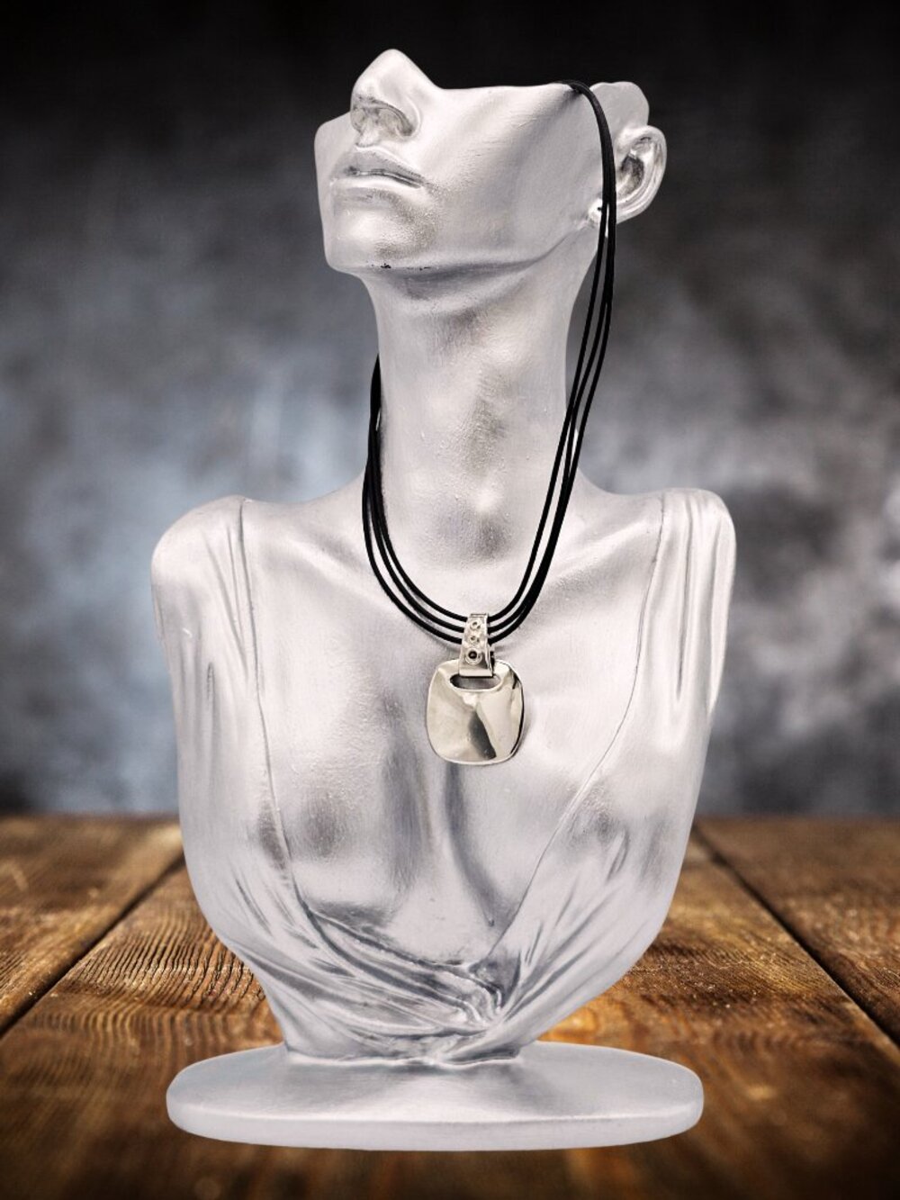 Silver Tone Abstract Pendant Necklace Black Multi Cord Minimalist Modern